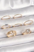 Pirinç Gold Renk Zirkon Taşlı Kalp Figür Düğüm Detay Kadın Yüzük Kombini - TJ-BYK3677 - 1