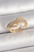 Pirinç Gold Renk Su Yolu Zirkon Taşlı Ayarlanabilir Model Kadın Yüzük - TJ-BYK3691 - 1