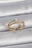 Pirinç Gold Renk Zirkon Taşlı İnci Detay Ayarlanabilir Model Kadın Yüzük - TJ-BYK3370 - 1