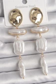 Pirinç Gold Renk Daire Plaka Model Sallantı Ezme İnci Model Kadın Küpe - TJ-BKP10076 - 1