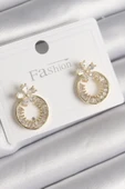 Pirinç Gold Renk Zirkon Taşlı Halka Model Çiçek Figür Kadın Küpe - TJ-BKP9762 - 1