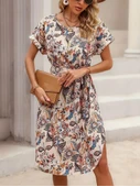 Lucky Life Kadın Kısa Kollu Bisiklet Yaka çiçek Desenli Kuşaklı Süprem Midi Elbise thumbnail 4