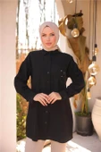 Çiçek Taş Detaylı Uzun Kollu Gömlek - (38-46) - 71254 - Siyah - 1