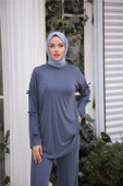 O Yaka Kolları Kurdela Detaylı İkili Tesettür Eşofman Takımı - 71251.006 - İndigo thumbnail 3