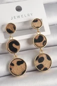 Pirinç Gold Renk 3'Lü Leopar Desenli Sallantı Daire Plaka Model Kadın Küpe - TJ-BKP9891 - 1