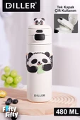 DILLER 480 ML Tek Kapak Çift Kullanım Pipetli/Pipetsiz Taşıma Kulplu Vacum Cup/Çelik Termos -FFD9240 - 1