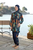 Estiva 25963  Kadın Tam Kapalı Fermuarlı Geometrik Desenli Lacivert Tesettür Mayo - 5
