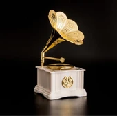 Kurmalı ve Müzikli Nostaljik Beyaz Gramofon Müzik Kutusu - 3