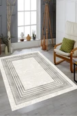 Makinede Yıkanabilir Leke Tutmaz  Bej-Gri Pvc Deri Kaymaz Taban Çerçeve Salon Halısı B1169  BEJ-GRİ 80 x 200 - 1