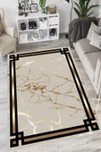 Makinede Yıkanabilir Leke Tutmaz  Gold Pvc Deri Kaymaz Taban Çerçeve Salon Saçaksız Halı B1212  160 x 230 SİYAH-GOLD - 1