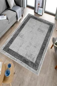 Makinede Yıkanabilir Leke Tutmaz  Gri Deko Deri Kaymaz Taban Vintage Versace Salon Saçaksız Halı B1198  100 x 200 GRİ thumbnail 3
