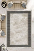 Makinede Yıkanabilir Leke Tutmaz  Krem-Siyah Deko Deri Kaymaz Taban Salon-Yolluk Saçaksız Halı B1179  KREM-SİYAH 80 x 200 - 1