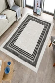 Makinede Yıkanabilir Leke Tutmaz  Krem-Antrasit Deko Deri Kaymaz Taban Çerçeve Salon Saçaksız Halı B1170  KREM-ANTRASİT 80 x 200 - 3