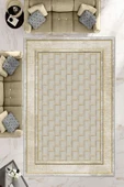 Makinede Yıkanabilir Leke Tutmaz  Krem-Gold Deko Deri Kaymaz Taban Baklava Desen Salon Saçaksız Halı B1185  KREM-GOLD 80 x 300 - 1