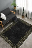 Makinede Yıkanabilir Leke Tutmaz  Siyah Deko Deri Kaymaz Taban Shaggy Salon Saçaksız Halı B1195  SİYAH 180 x 280 thumbnail 4