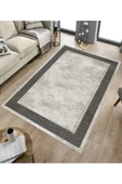 Makinede Yıkanabilir Leke Tutmaz  Krem-Siyah Deko Deri Kaymaz Taban Salon-Yolluk Saçaksız Halı B1179  KREM-SİYAH 80 x 300 - 5