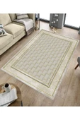 Makinede Yıkanabilir Leke Tutmaz  Krem-Gold Deko Deri Kaymaz Taban Baklava Desen Salon Saçaksız Halı B1185  KREM-GOLD 80 x 300 - 5