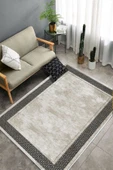 Makinede Yıkanabilir Leke Tutmaz  Krem-Siyah Deko Deri Kaymaz Taban Salon-Yolluk Saçaksız Halı B1179  KREM-SİYAH 80 x 300 - 4