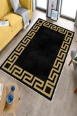 Makinede Yıkanabilir Leke Tutmaz  Siyah-Gold Deko Deri Kaymaz Taban Versace Salon Saçaksız Halı B1240-1  GÜMÜŞ-SİYAH 100 x 200 thumbnail 3