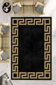 Makinede Yıkanabilir Leke Tutmaz  Siyah-Gold Deko Deri Kaymaz Taban Versace Salon Saçaksız Halı B1240-1  GÜMÜŞ-SİYAH 100 x 200 thumbnail 1