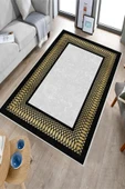 Makinede Yıkanabilir Leke Tutmaz  Siyah-Gold Deko Deri Kaymaz Taban Çerçeve Salon Saçaksız Halı B1230  SİYAH-GÜMÜŞ 100 x 300 - 3