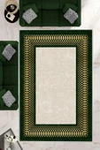 Makinede Yıkanabilir Leke Tutmaz  Haki-Krem Pvc Deri Kaymaz Taban Çerçeve Salon Saçaksız Halı B1228  LACİVERT-GOLD 200 x 300 - 1