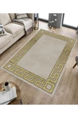 Makinede Yıkanabilir Leke Tutmaz  Krem-Gold Deko Deri Kaymaz Taban Versace Salon Saçaksız Halı B1239  BEJ-SİYAH 180 x 280 - 5