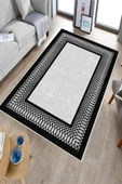 Makinede Yıkanabilir Leke Tutmaz  Gümüş-Siyah Deko Deri Kaymaz Taban Çerçeve Salon Saçaksız Halı B1229  YEŞİL-GOLD 80 x 300 - 3