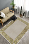 Makinede Yıkanabilir Leke Tutmaz  Krem-Gold Deko Deri Kaymaz Taban Versace Salon Saçaksız Halı B1239  BEJ-SİYAH 100 x 200 - 4
