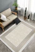 Makinede Yıkanabilir Leke Tutmaz  Krem Deko Deri Kaymaz Taban Çerçeve Salon Saçaksız Halı B1224  GÜMÜŞ 100 x 300 - 4