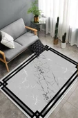 Makinede Yıkanabilir Leke Tutmaz  Gri Pvc Deri Kaymaz Taban Çerçeve Salon Saçaksız Halı B1211  GRİ 180 x 280 - 4