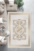 Makinede Yıkanabilir Leke Tutmaz  Krem-Gold Deko Deri Kaymaz Taban Göbekli Salon Saçaksız Halı B1236  SİYAH 100 x 300 - 2
