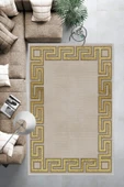 Makinede Yıkanabilir Leke Tutmaz  Krem-Gold Deko Deri Kaymaz Taban Versace Salon Saçaksız Halı B1239  BEJ-SİYAH 180 x 280 - 6