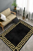 Makinede Yıkanabilir Leke Tutmaz  Siyah-Gold Deko Deri Kaymaz Taban Versace Salon Saçaksız Halı B1240-1  GÜMÜŞ-SİYAH 100 x 200 thumbnail 4