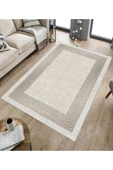 Makinede Yıkanabilir Leke Tutmaz  Krem Deko Deri Kaymaz Taban Çerçeve Salon Saçaksız Halı B1224  GÜMÜŞ 160 x 230 thumbnail 5