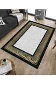 Makinede Yıkanabilir Leke Tutmaz  Siyah-Gold Deko Deri Kaymaz Taban Çerçeve Salon Saçaksız Halı B1230  SİYAH-GÜMÜŞ 200 x 300 - 5