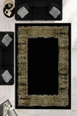 Makinede Yıkanabilir Leke Tutmaz  Siyah-Sarı Deko Deri Kaymaz Taban Çerçeveli Salon Saçaksız Halı B1252  SİYAH 80 x 300 - 1