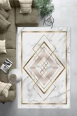 Makinede Yıkanabilir Leke Tutmaz  Gold Dot Keçe Kaymaz Taban Tasarım Salon Saçaksız Halı B1262  100 x 200 GOLD - 6
