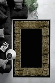 Makinede Yıkanabilir Leke Tutmaz  Siyah-Sarı Deko Deri Kaymaz Taban Çerçeveli Salon Saçaksız Halı B1252  SİYAH 80 x 300 - 6