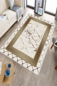 Makinede Yıkanabilir Leke Tutmaz  Krem-Gold Deko Deri Kaymaz Taban Versace Salon Saçaksız Halı B1282  KREM-GOLD 80 x 300 - 3
