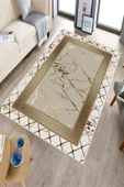 Makinede Yıkanabilir Leke Tutmaz  Krem-Vizon Deko Deri Kaymaz Taban Versace Salon Saçaksız Halı B1281-1  KREM-VİZON 100 x 200 - 3