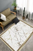 Makinede Yıkanabilir Leke Tutmaz  Gold-Beyaz Deko Deri Kaymaz Taban Çerçeve Salon Saçaksız Halı B1286-1  GOLD-BEYAZ 100 x 300 - 4