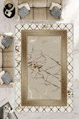Makinede Yıkanabilir Leke Tutmaz  Krem-Vizon Deko Deri Kaymaz Taban Versace Salon Saçaksız Halı B1281-1  KREM-VİZON 100 x 200 - 1