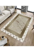 Makinede Yıkanabilir Leke Tutmaz  Krem-Vizon Deko Deri Kaymaz Taban Versace Salon Saçaksız Halı B1281  KREM-VİZON 80 x 150 thumbnail 5