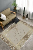 Makinede Yıkanabilir Leke Tutmaz  Gold Pvc Deri Kaymaz Taban DekorÇerçeve Salon Saçaksız Halı B1274  GOLD 80 x 200 - 4