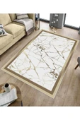 Makinede Yıkanabilir Leke Tutmaz  Gold-Beyaz Deko Deri Kaymaz Taban Çerçeve Salon Saçaksız Halı B1286-1  GOLD-BEYAZ 80 x 200 - 5