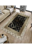 Makinede Yıkanabilir Leke Tutmaz  Vizon-Siyah Deko Deri Kaymaz Taban Versace Salon Saçaksız Halı B1277  VİZON-SİYAH 80 x 150 thumbnail 5