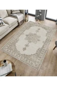 Makinede Yıkanabilir Leke Tutmaz  Bej Pvc Deri Kaymaz Taban Göbekli Salon Saçaksız Halı E4159  BEJ 200 x 300 - 5