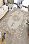 Makinede Yıkanabilir Leke Tutmaz  Bej Pvc Deri Kaymaz Taban Göbekli Salon Saçaksız Halı E4159  BEJ 200 x 300 - 3