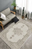 Makinede Yıkanabilir Leke Tutmaz  Bej Pvc Deri Kaymaz Taban Göbekli Salon Saçaksız Halı E4159  BEJ 200 x 300 - 4